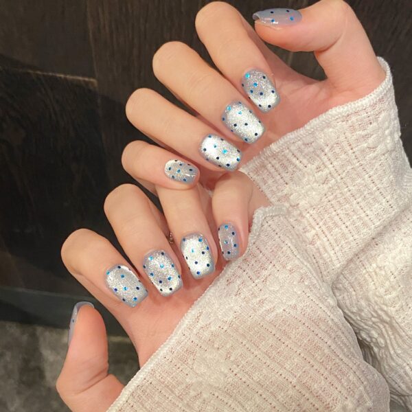 targazing Spring/Summer Blue Cat Eye Press-On Nails with Glitter Dots - Handmade Short Wearable Nails for a Chic and Simple Look 🌌✨ - 图片 3