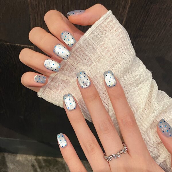 targazing Spring/Summer Blue Cat Eye Press-On Nails with Glitter Dots - Handmade Short Wearable Nails for a Chic and Simple Look 🌌✨ - 图片 4