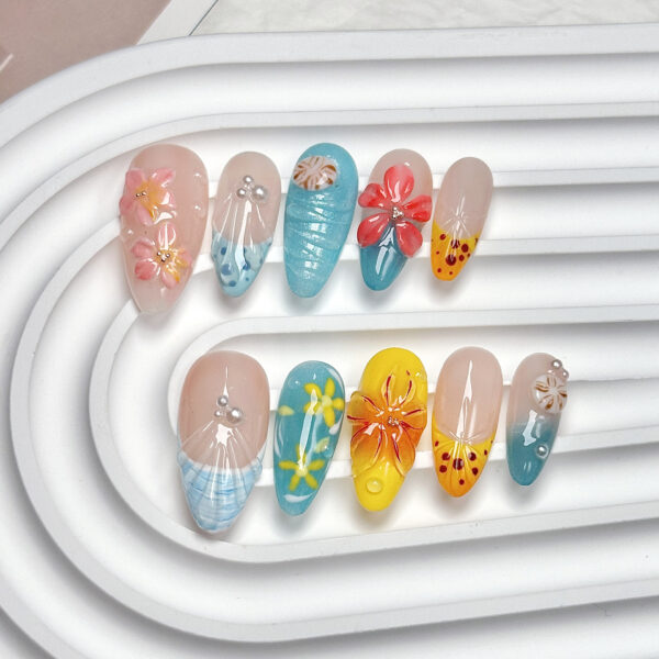 Handmade Short/Medium Almond Summer Ocean Style 3D Floral Press-On Nails - 图片 6