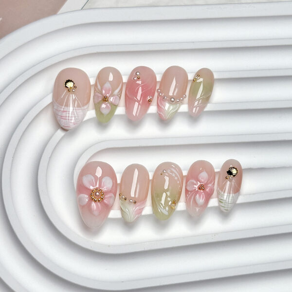 Handmade Short/Medium Almond Summer Ocean Style 3D Floral Press-On Nails - 图片 8