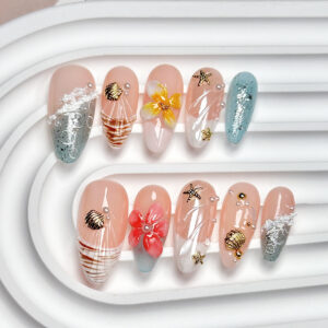 Handmade Short/Medium Almond Summer Ocean Style 3D Floral Press-On Nails