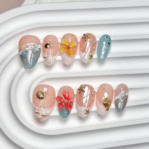Handmade Short/Medium Almond Summer Ocean Style 3D Floral Press-On Nails - 图片 10