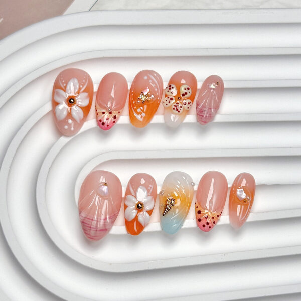 Handmade Short/Medium Almond Summer Ocean Style 3D Floral Press-On Nails - 图片 3