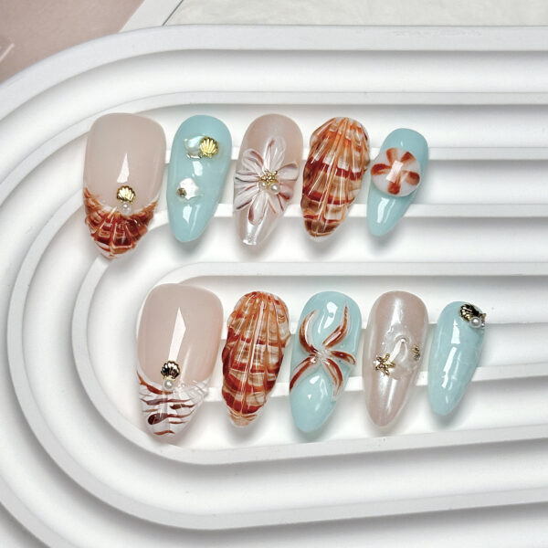 Handmade Short/Medium Almond Summer Ocean Style 3D Floral Press-On Nails - 图片 5