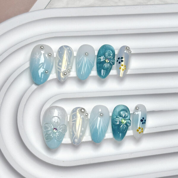 Handmade Short/Medium Almond Summer Ocean Style 3D Floral Press-On Nails - 图片 2