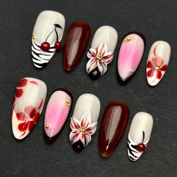 Pure Handmade 3D Floral Sculpted Sexy Leopard Print Blush Almond Press-On Nails - 图片 3