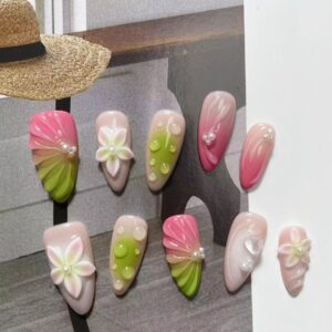 3D Sculpted Floral Handmade Press-On Nails with High-End Pink Guava Gradient Design