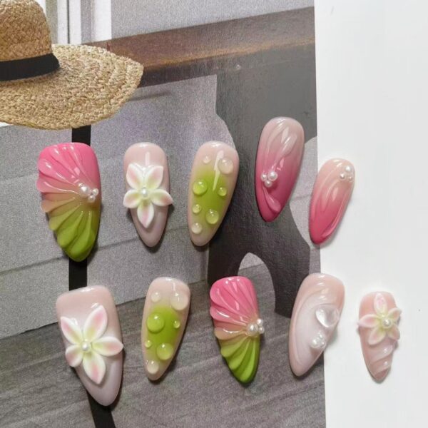 3D Sculpted Floral Handmade Press-On Nails with High-End Pink Guava Gradient Design