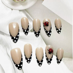 Pure Handmade 3D Vintage Polka Dot French Almond Press-On Nails with a High-End Removable Design