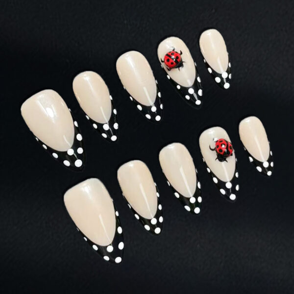 Pure Handmade 3D Vintage Polka Dot French Almond Press-On Nails with a High-End Removable Design - 图片 2