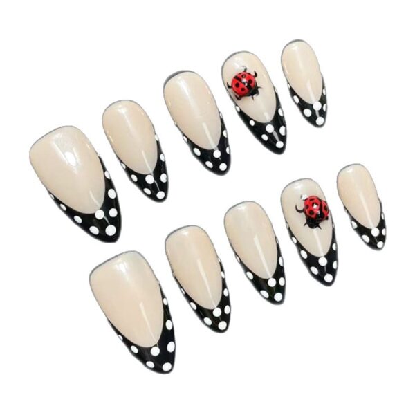 Pure Handmade 3D Vintage Polka Dot French Almond Press-On Nails with a High-End Removable Design - 图片 3