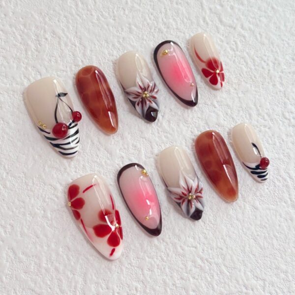 Pure Handmade 3D Floral Sculpted Sexy Leopard Print Blush Almond Press-On Nails - 图片 2