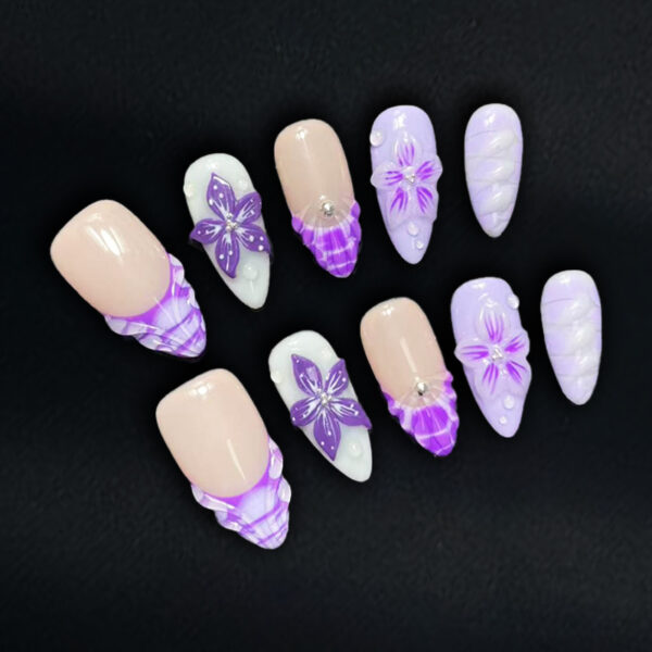 3D Floral Sculpted Ocean-Themed Pure Handmade Purple Press-On Nails - 图片 3