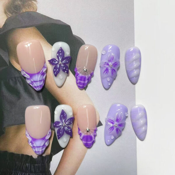 3D Floral Sculpted Ocean-Themed Pure Handmade Purple Press-On Nails - 图片 2