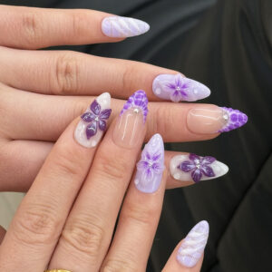 3D Floral Sculpted Ocean-Themed Pure Handmade Purple Press-On Nails